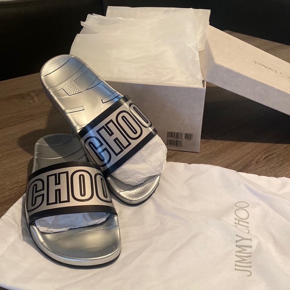 JIMMY CHOO Rey/F Logo Metallic Silver Rubber Slides
